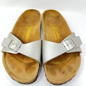 Birkenstock Madrid Silver Metallic Slide Sandals Size 38 US 7 Cork Footbed